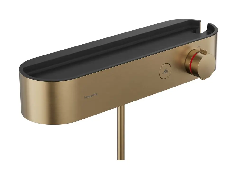 Brausethermostat in gebürstetem Bronze-Finish von Hansgrohe mit einer schmalen, abgerundeten Form und einem Bedienknopf zur Temperatureinstellung.
